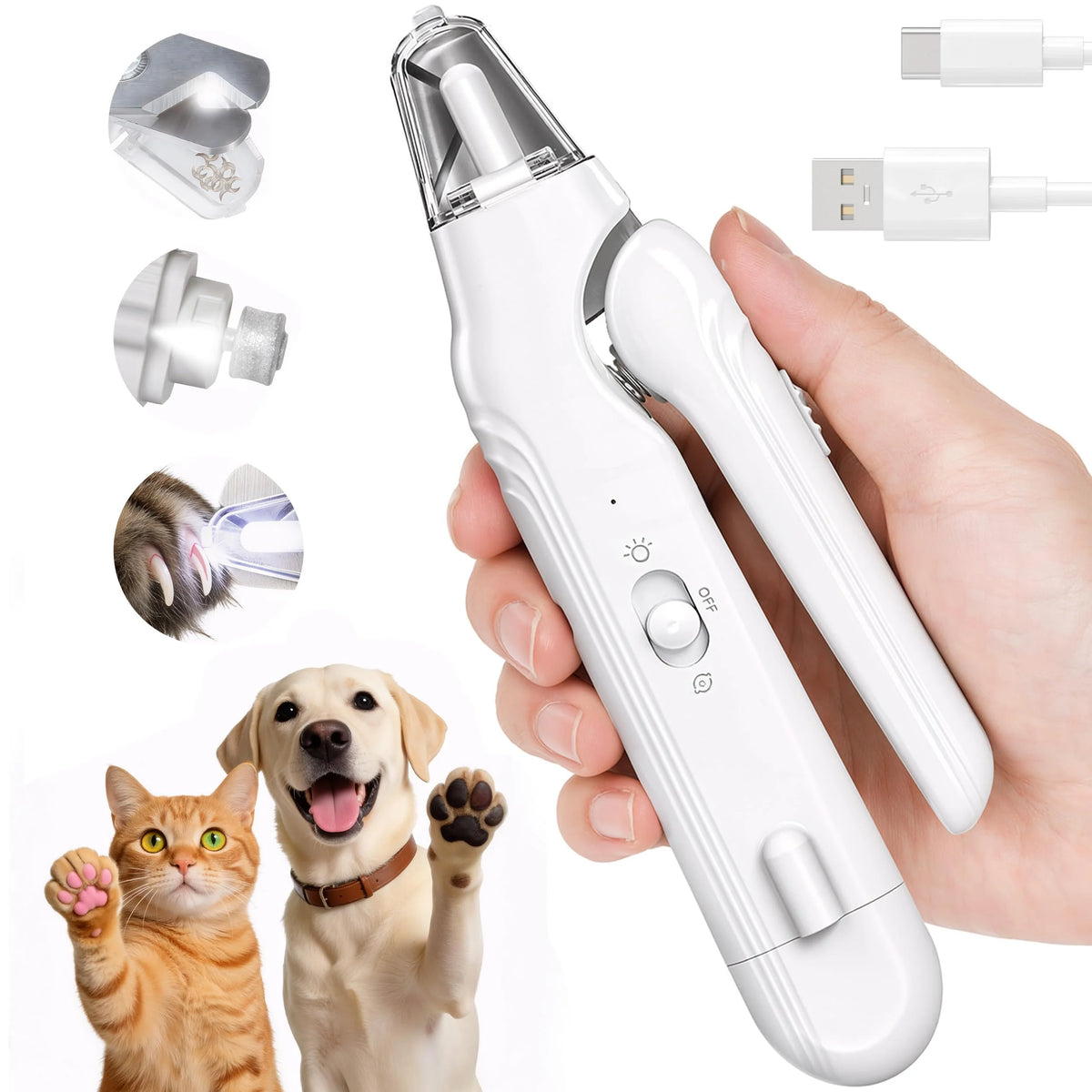 Electric Pet Nail Grinder with LED Light – Quiet 2-in-1 Clipper for Dogs & Cats