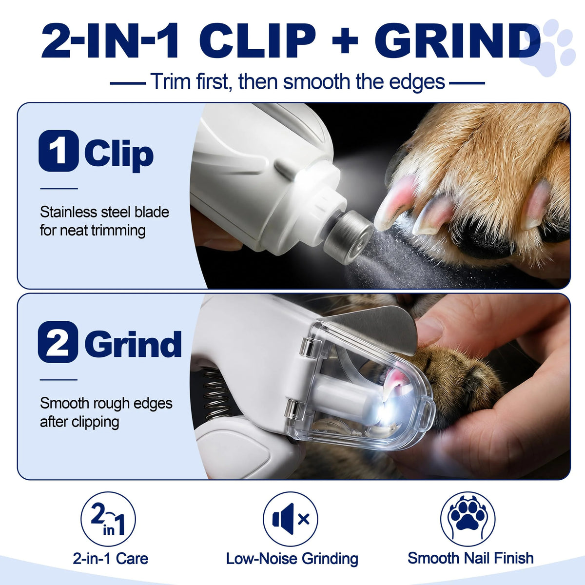 Electric Pet Nail Grinder with LED Light – Quiet 2-in-1 Clipper for Dogs & Cats