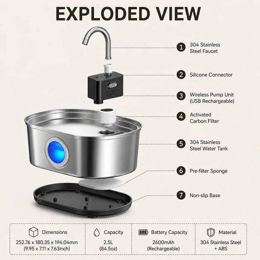 Wireless Pet Water Fountain – Silent Filtered Fountain for Cats & Dogs