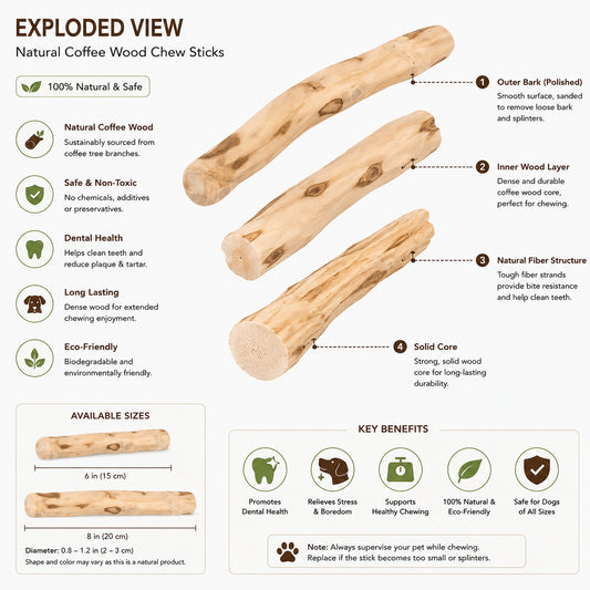 Natural Coffee Wood Dog Chew Sticks – Long-Lasting Dental Chew Toy