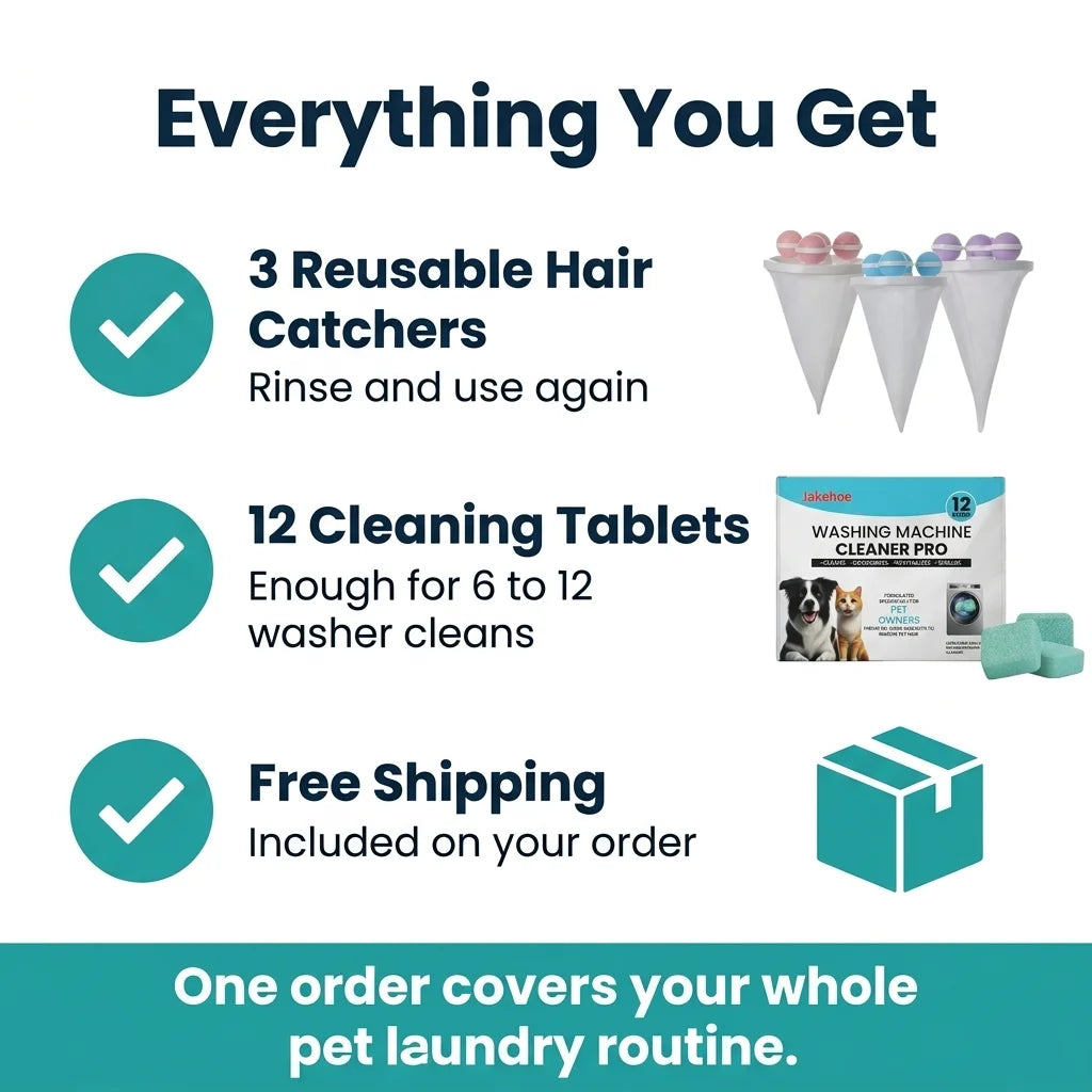 Pet Laundry Kit – 12 Washer Cleaning Tablets + 3 Hair Catchers
