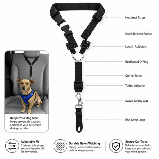 2-in-1 Dog Car Seat Belt & Leash – Adjustable Nylon Safety Harness