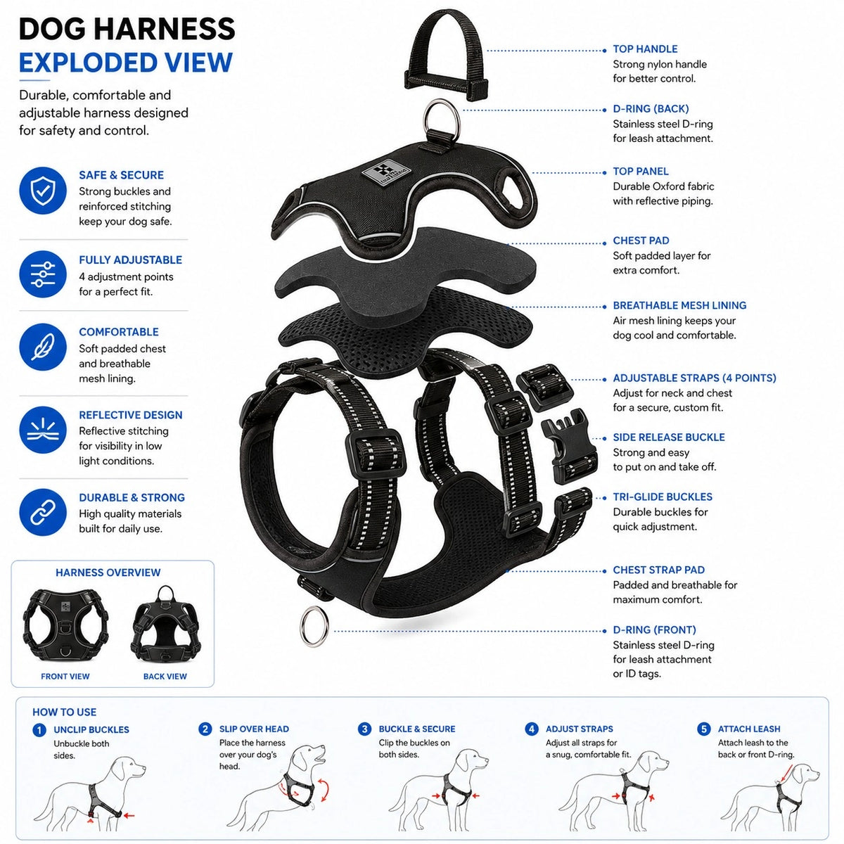 No Pull Dog Harness – Reflective Adjustable Chest Vest