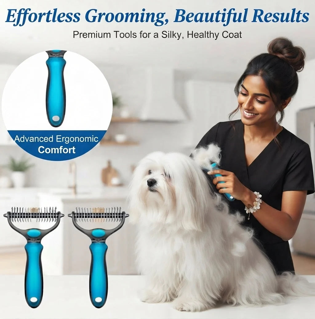 2-in-1 Pet Deshedding Brush for Dogs & Cats | Self-Cleaning Grooming Comb