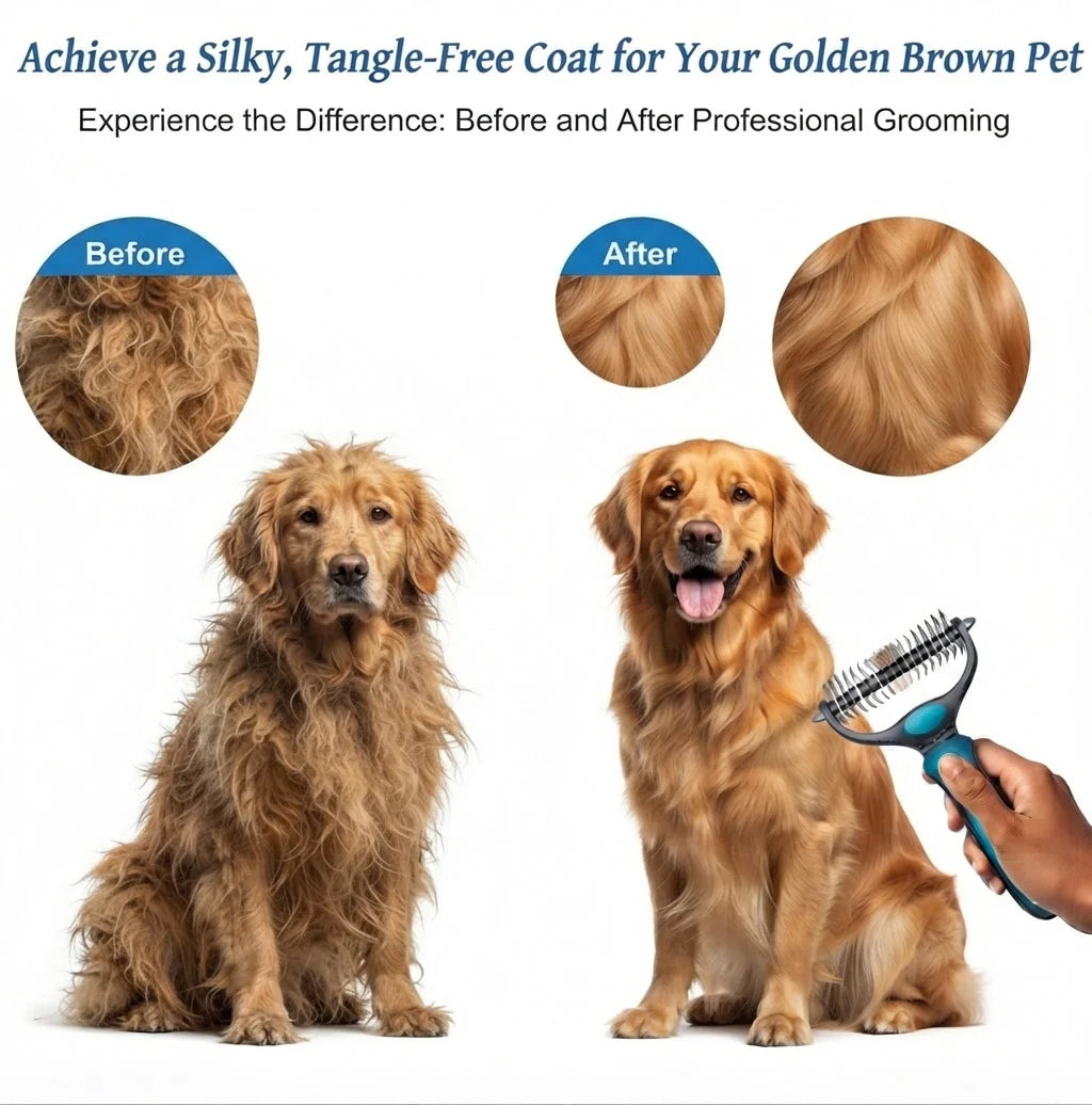 2-in-1 Pet Deshedding Brush for Dogs & Cats | Self-Cleaning Grooming Comb