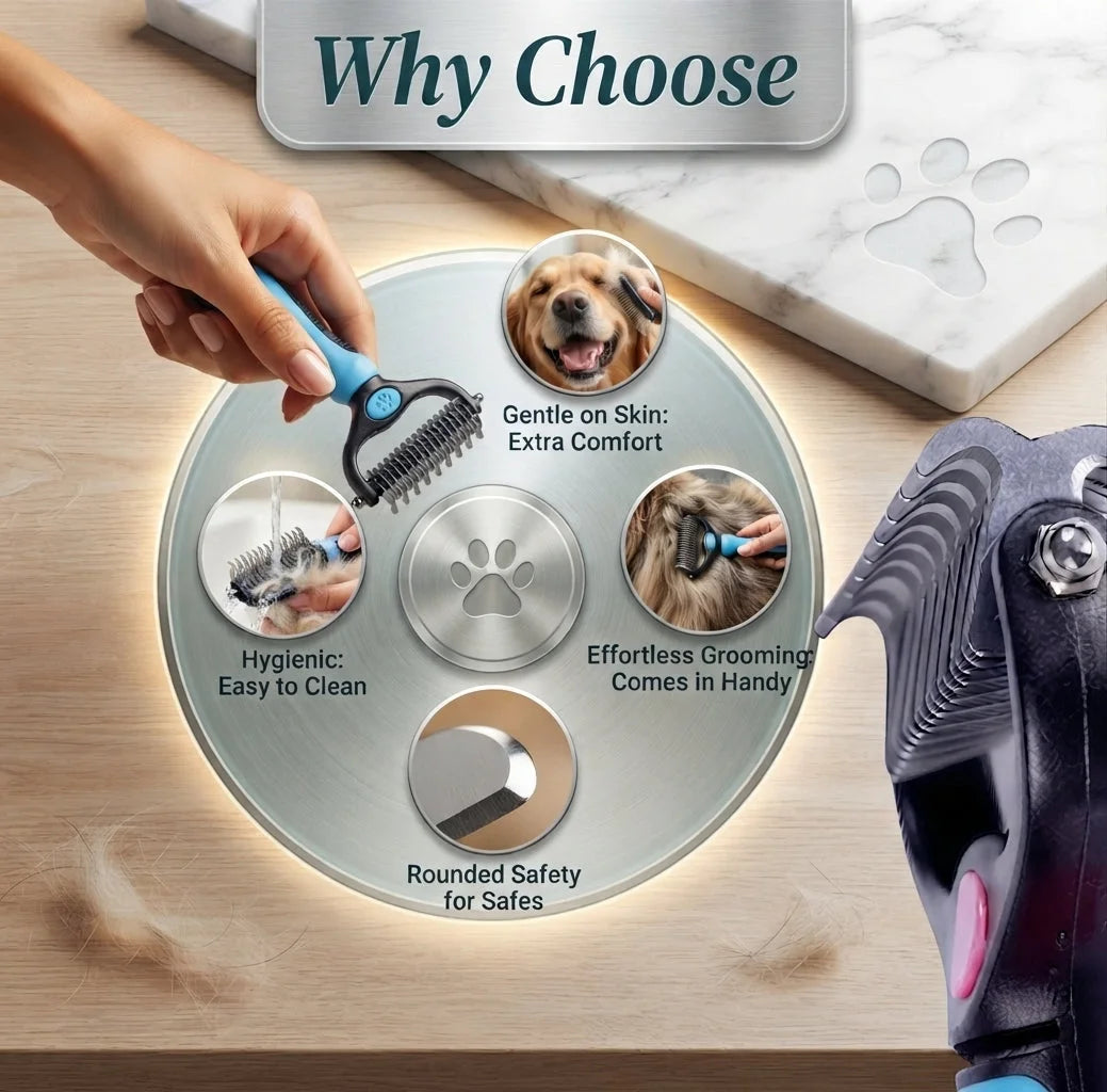 2-in-1 Pet Deshedding Brush for Dogs & Cats | Self-Cleaning Grooming Comb